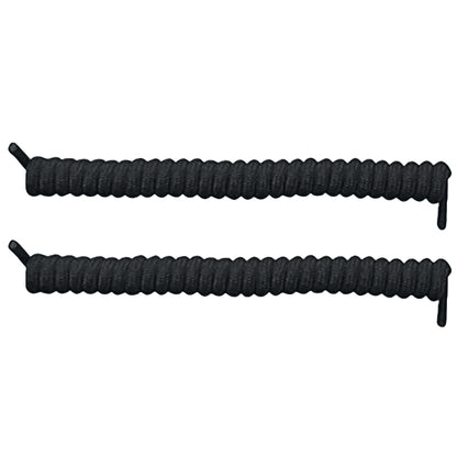 Two black Spyrolaces, designed as coiled, stretchy shoelaces with capped ends, are shown side by side against a white background.