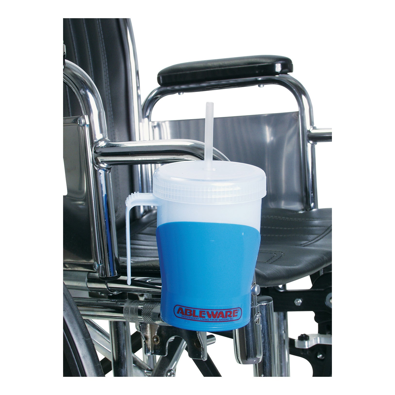 A Wheelchair Cup and Holder attached to a wheelchair armrest, featuring a blue cup with a straw.