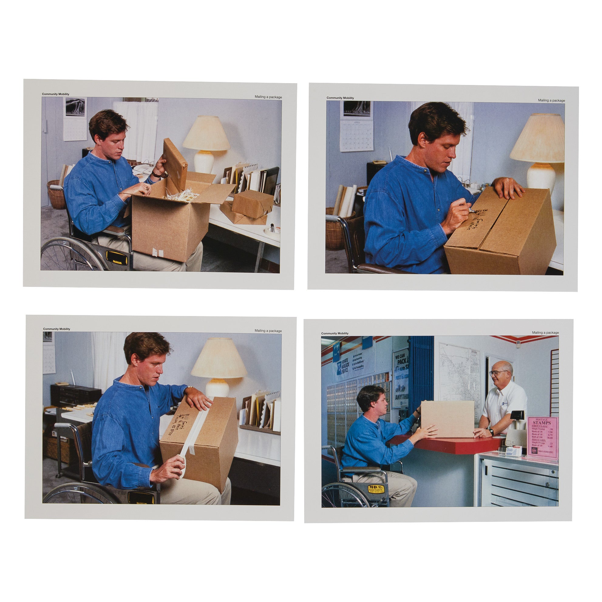 A person in a wheelchair packs a box and delivers it at a post office, shown in Everyday Activities to Sequence.