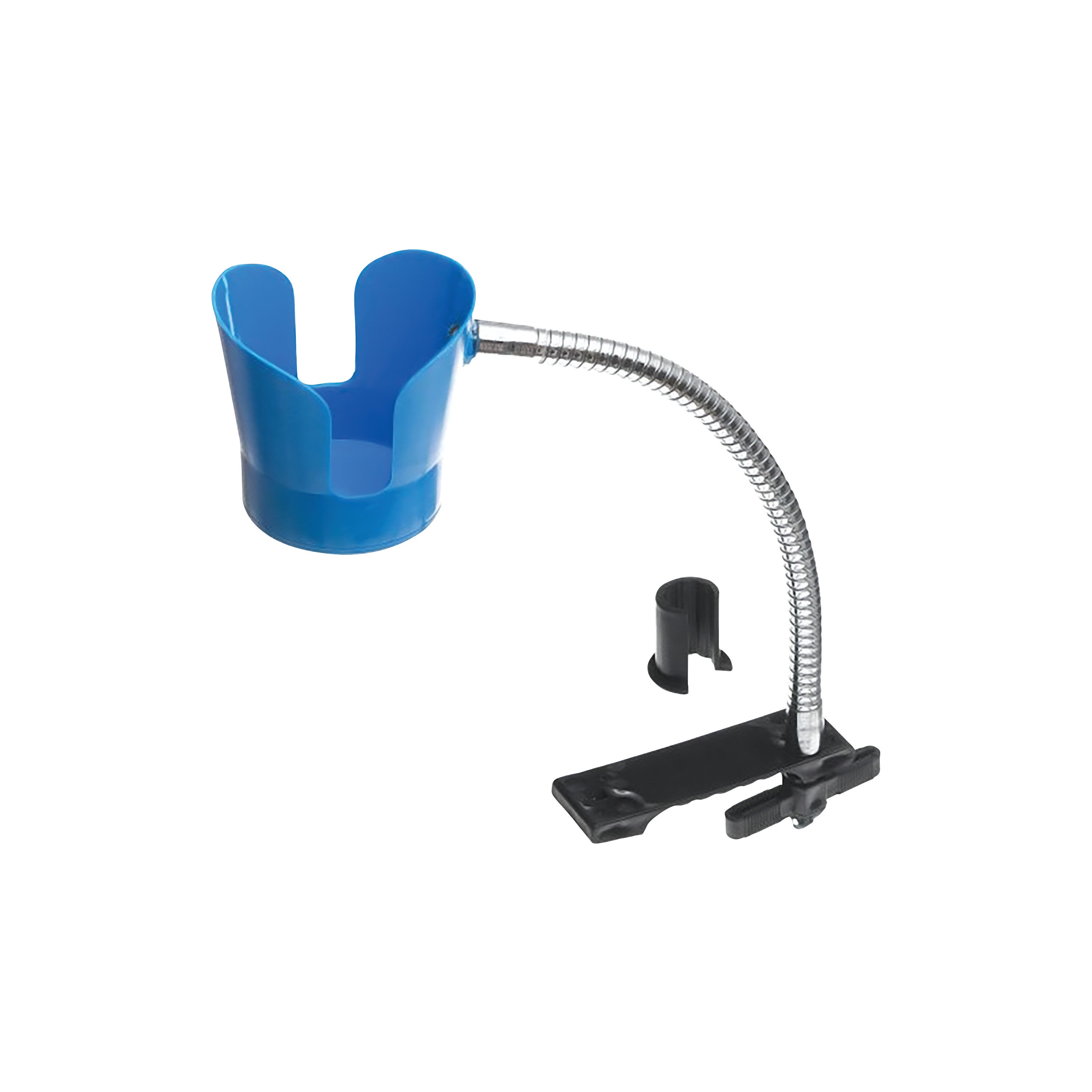 The Bedside Beverage Holder with a flexible metal arm and blue cup is designed to attach to surfaces for convenient drink access.