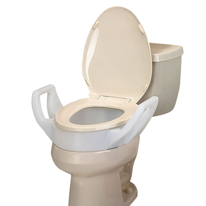 Bath Safe Elevated Toilet Seat with Arms installed on a beige toilet, featuring raised seat and sturdy side handles for assistance.