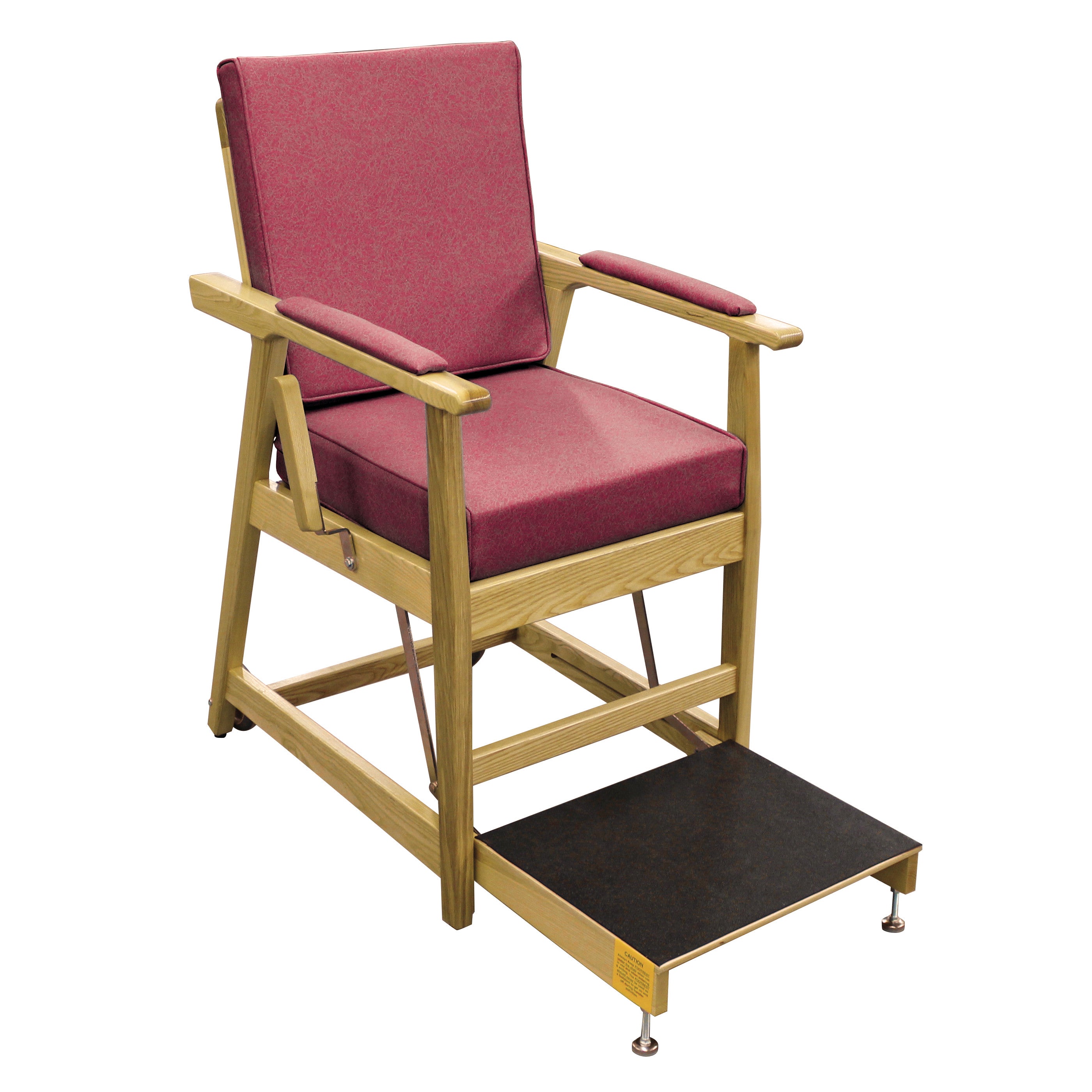 EZ-UP Hip Chair with a wooden frame and red cushions, featuring a black footrest platform for added support and comfort.