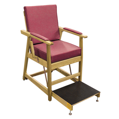 EZ-UP Hip Chair with a wooden frame and red cushions, featuring a black footrest platform for added support and comfort.