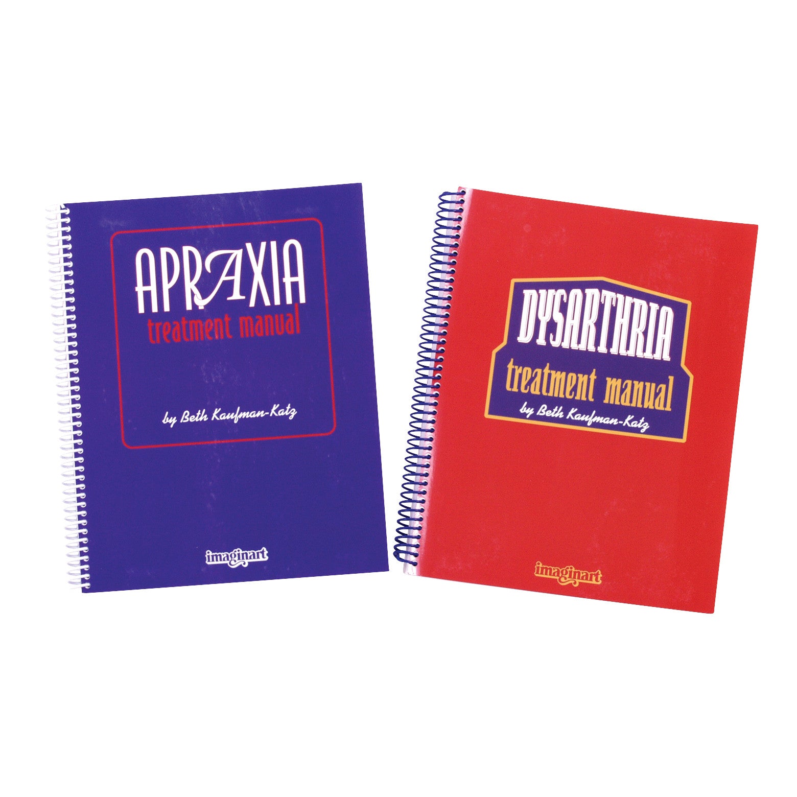 The Dysarthria/Apraxia Treatment Manual 2-Book Set includes spiral-bound manuals, one in blue for apraxia and one in red for dysarthria.