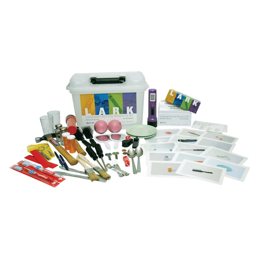 The image features the Language Activities Resource Kit, 2nd Ed. (LARK-2), with various items and cards spread around a plastic container.