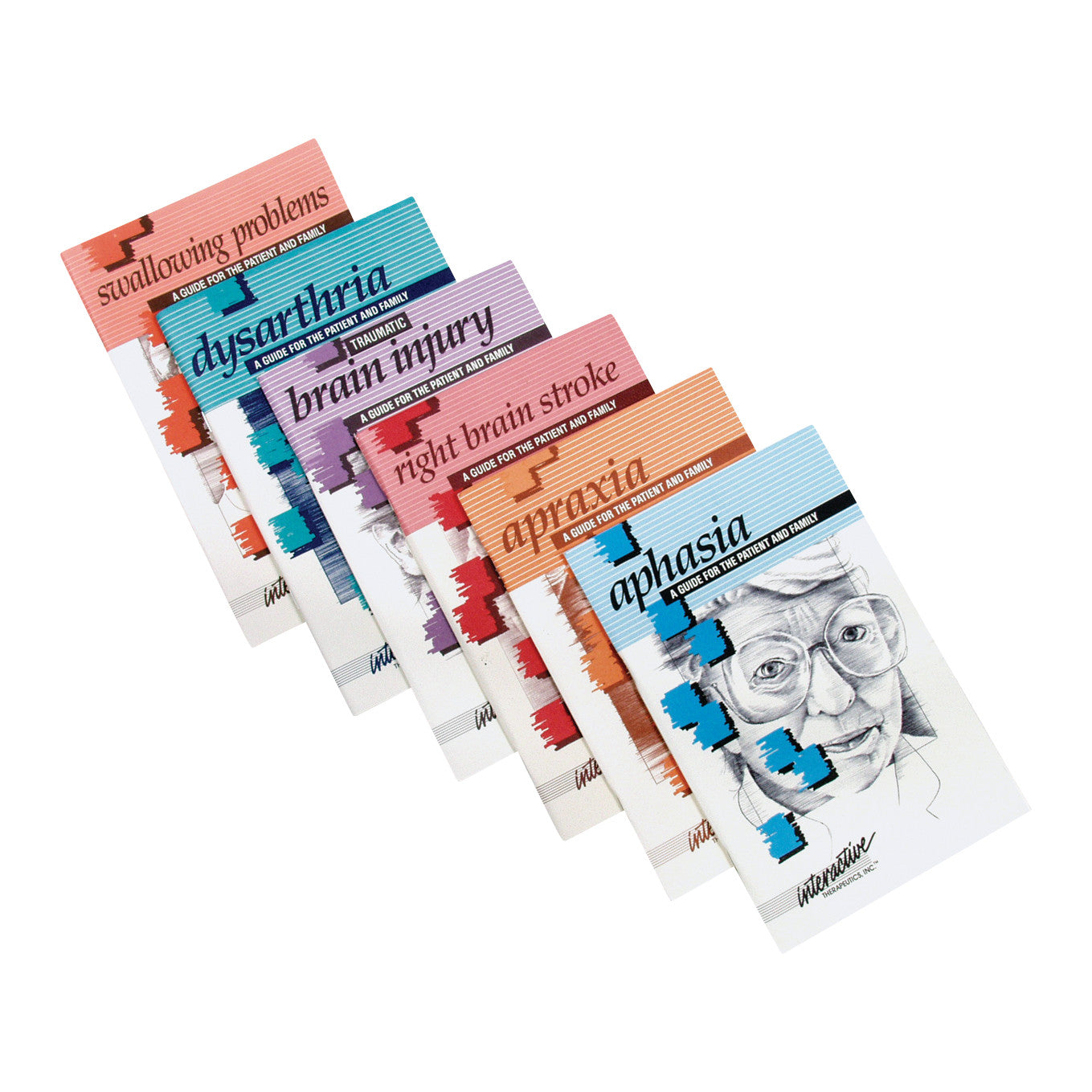 AliMed Patient Guide Books, 6-Book Set featuring guides on swallowing problems, dysarthria, brain injury, stroke, apraxia, and aphasia.