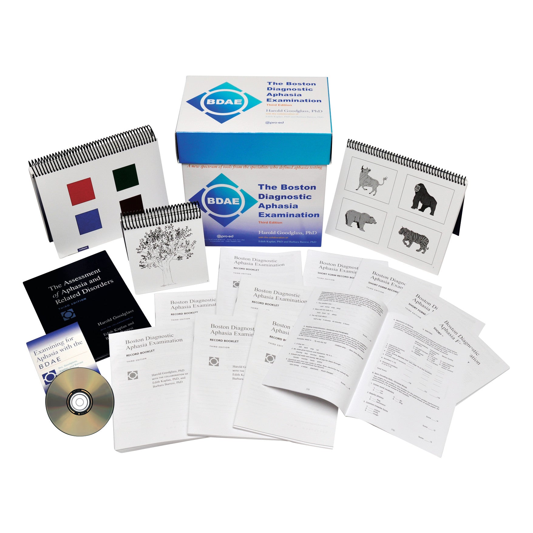 The Boston Diagnostic Aphasia Examination, 3rd Ed. (BDAE-3) Complete Kit with booklets, a CD, and visual aids spread out on a surface.