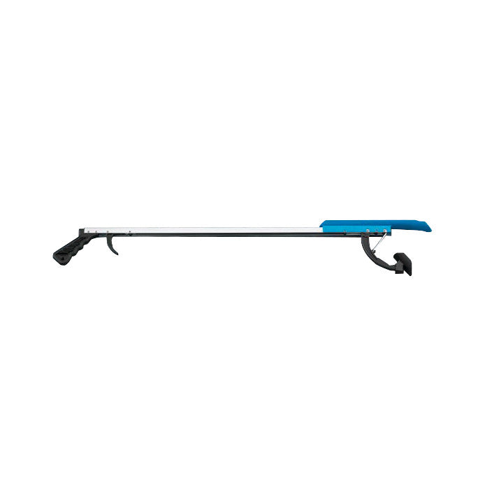 A Shoehorn Reacher with a long handle and blue shoehorn attachment for assisting users in reaching and putting on shoes.