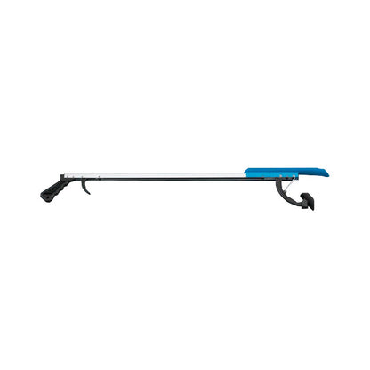 A Shoehorn Reacher with a long handle and blue shoehorn attachment for assisting users in reaching and putting on shoes.