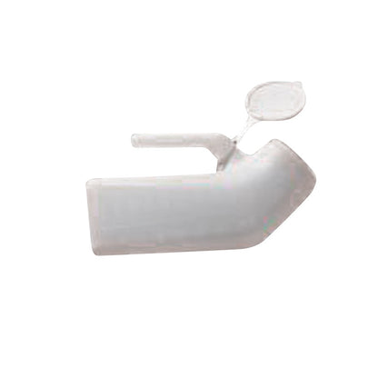 Carex Urinal: A translucent plastic urinal with a handle and attached lid, designed for patient use in a healthcare setting.