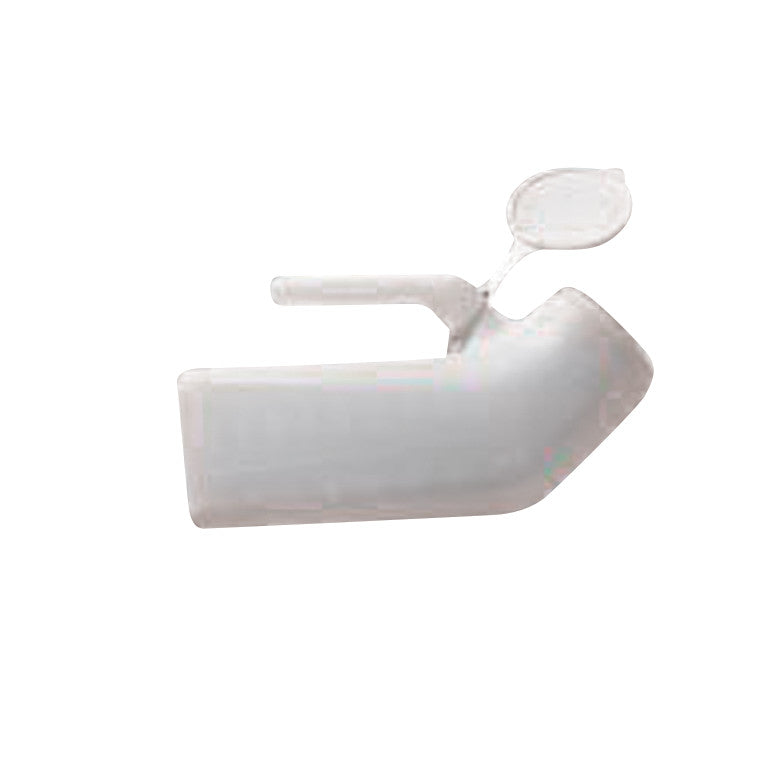 The Carex Urinal is a clear, plastic portable urinal with a handle and a lid, designed for convenient use by patients.