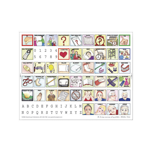 The Health Care Disposable Communication Board features illustrated icons for medical needs, emotions, and essential items with accompanying text.