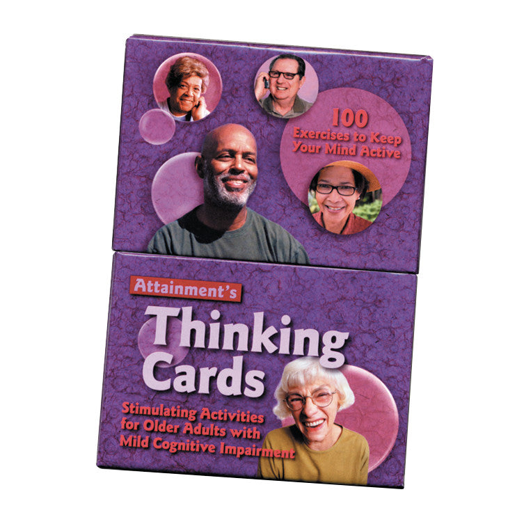 The Thinking Cards box features promotes 100 exercises to keep the mind active for those with mild cognitive impairment.