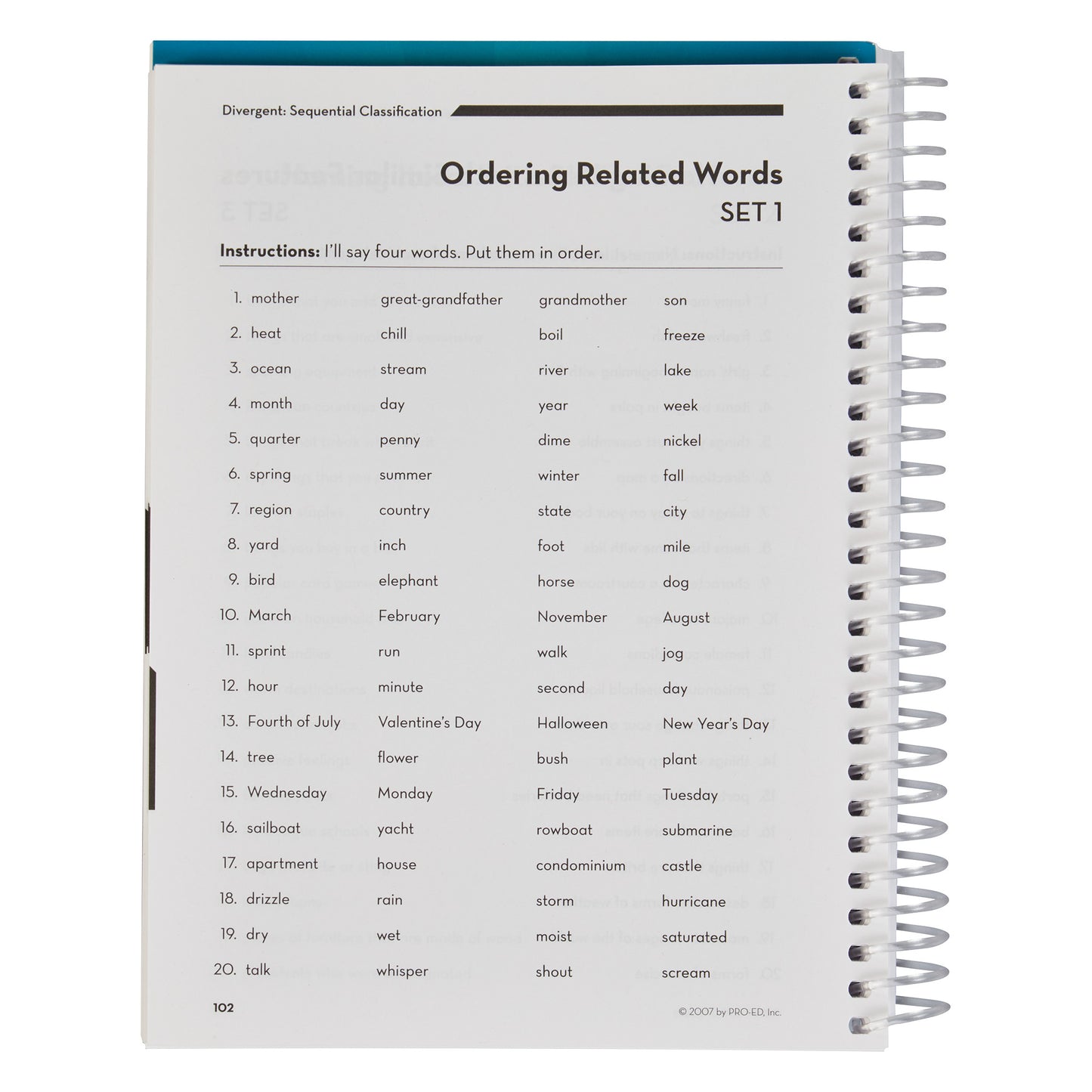 Page from Cognitive Reorganization, 3rd Ed. showing a list of words to be orderedn  in spiral-bound format.