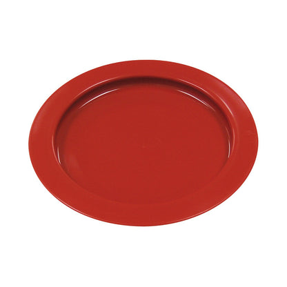 A red plastic plate with a raised inner lip, designed to prevent spills, known as the Redware Inner Lip Plate.