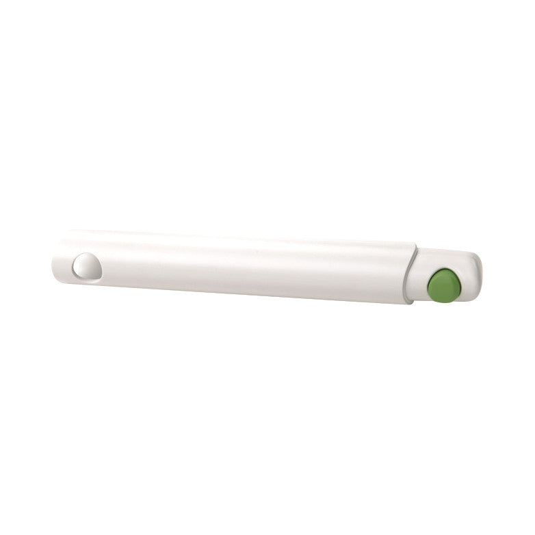 White Extension for FreedomWand with a green button, designed to extend the reach of the primary product, used for personal hygiene aid.