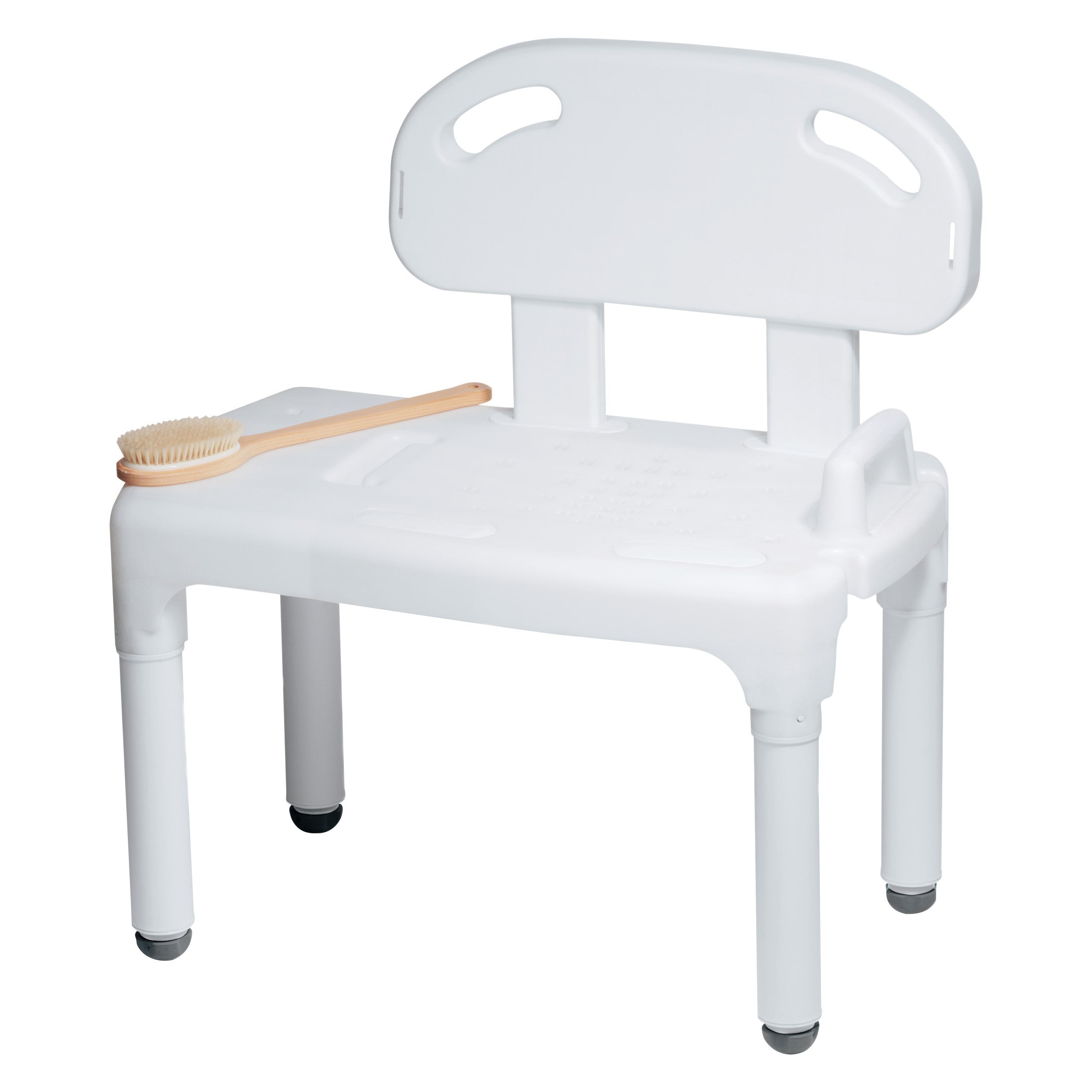 The Carex Universal Transfer Bench is a white shower seat with four legs and a backrest, featuring a wooden bath brush on top.