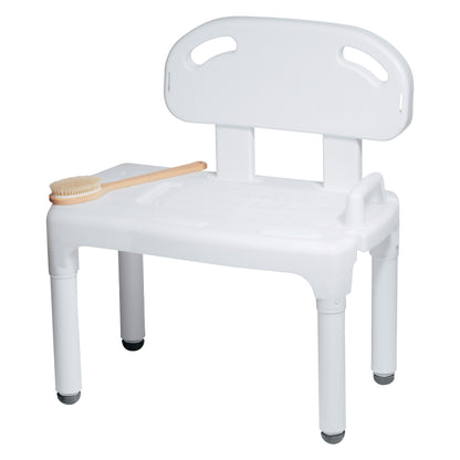 The Carex Universal Transfer Bench is a white shower seat with four legs and a backrest, featuring a wooden bath brush on top.