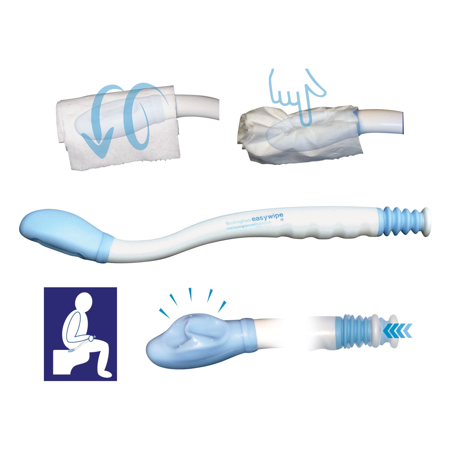 The Buckingham Easywipe Bottom Wiper, a long-handled tool for hygiene, is shown with illustrations of its use and features.