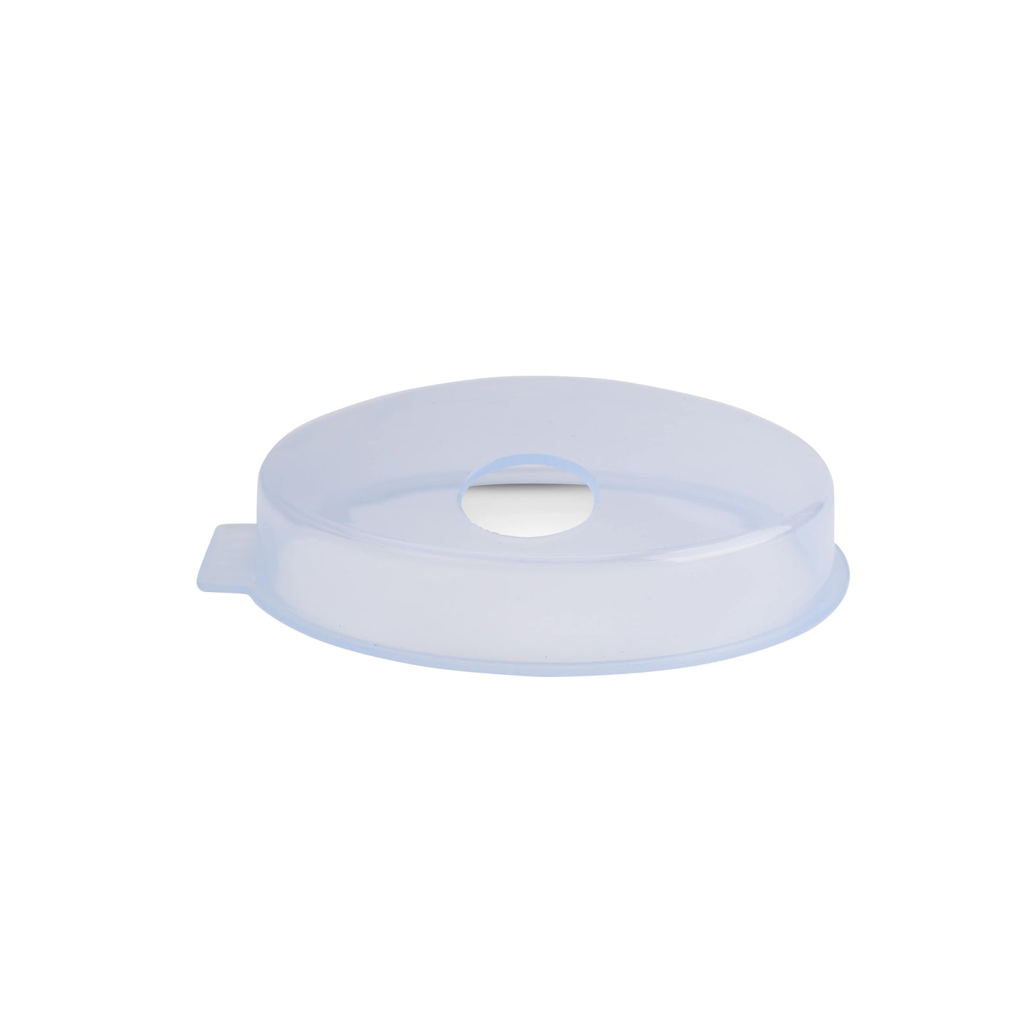 Anti-Splash Lid for Adaptive Mug is a transparent round lid with a central opening and a side tab for easy handling.
