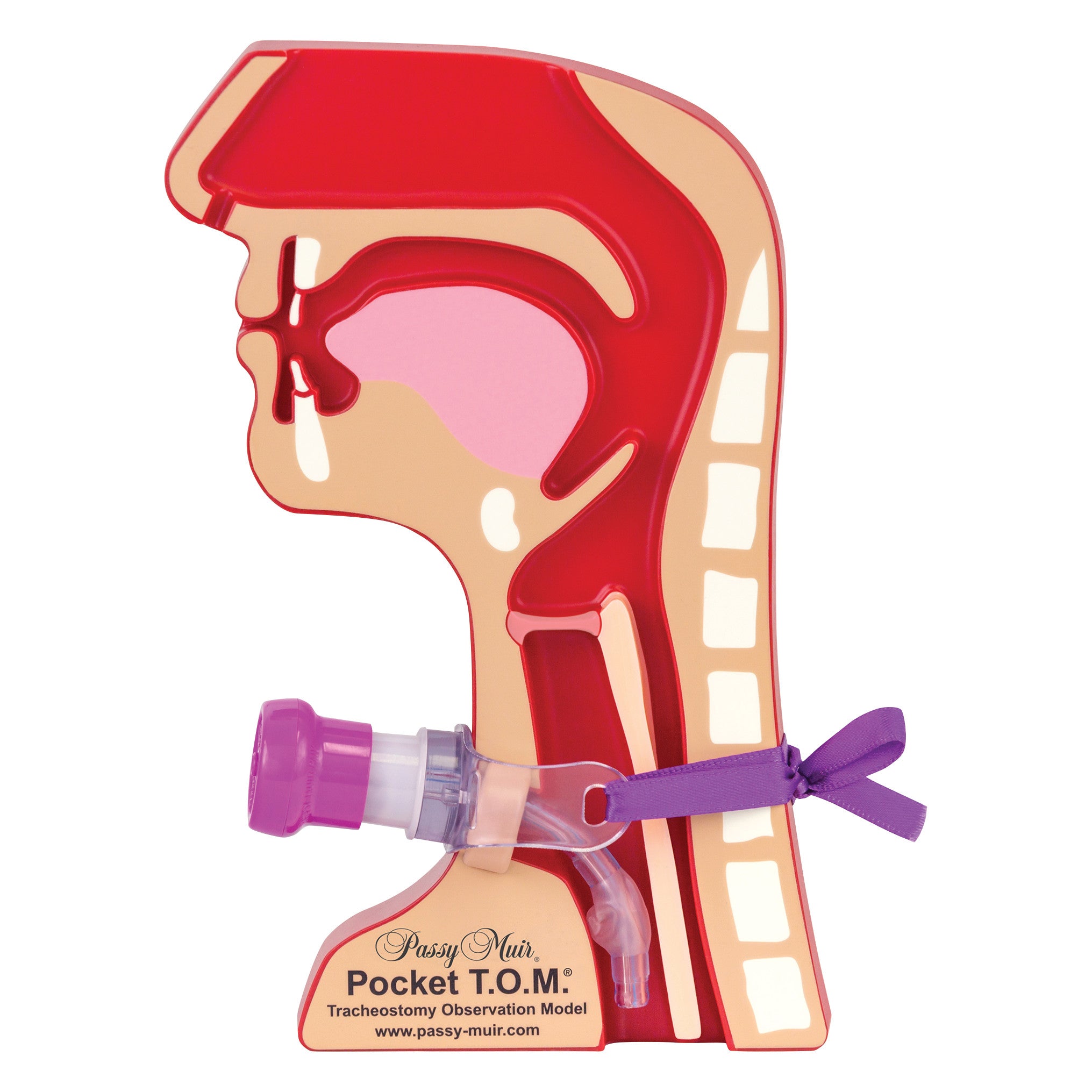 Passy Muir Pocket Tracheostomy T.O.M. model shows a side view of human anatomy with a tracheostomy tube and a purple strap.