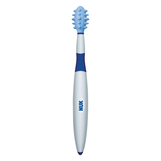 NUK Massager toothbrush with a white and blue handle and a textured light blue rubber head designed for dental care.