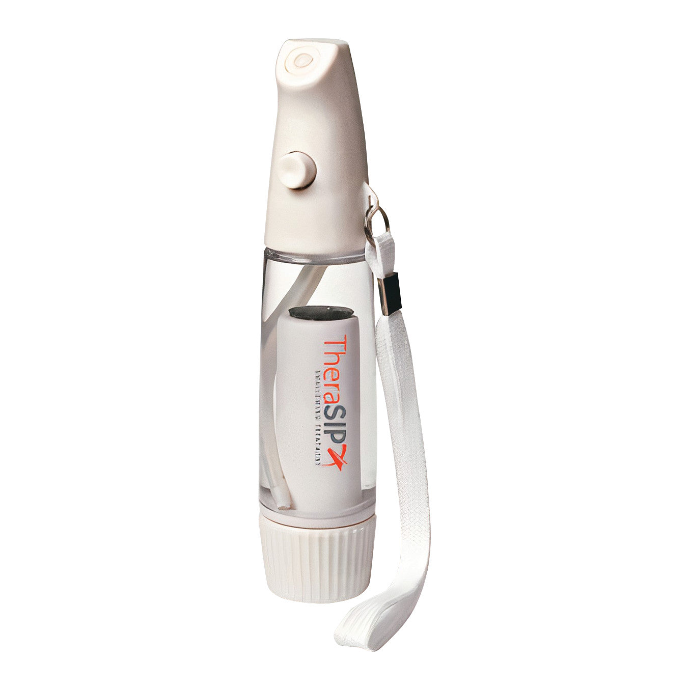 TheraSIP SwallowMIST is a handheld white nebulizer with a transparent chamber, wrist strap, and a button on top.