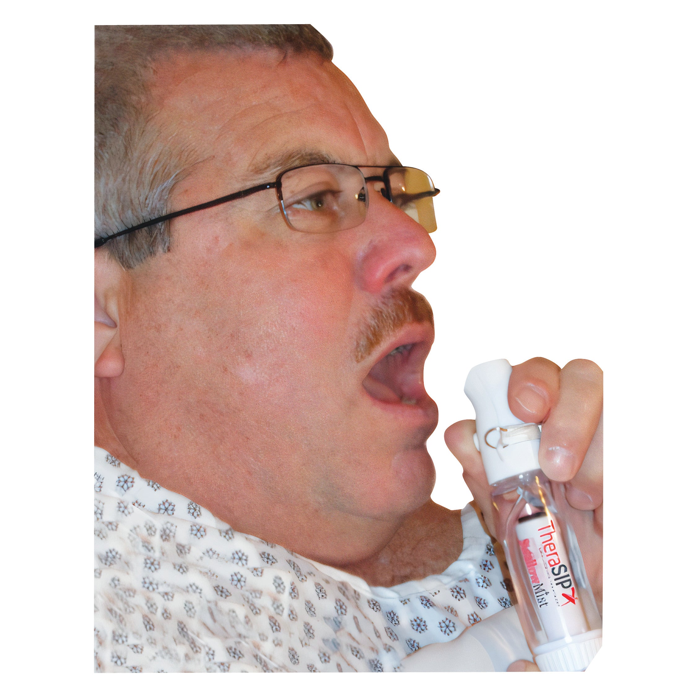 A man uses the TheraSIP SwallowMIST device. It appears he is in a hospital gown, possibly demonstrating how to use the product.