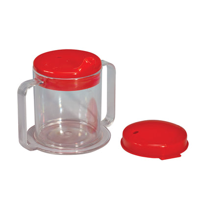 Clear Two-Handled Adaptive Mug with Lid, featuring a transparent body, red lid, and separate red cover, designed for easy use.