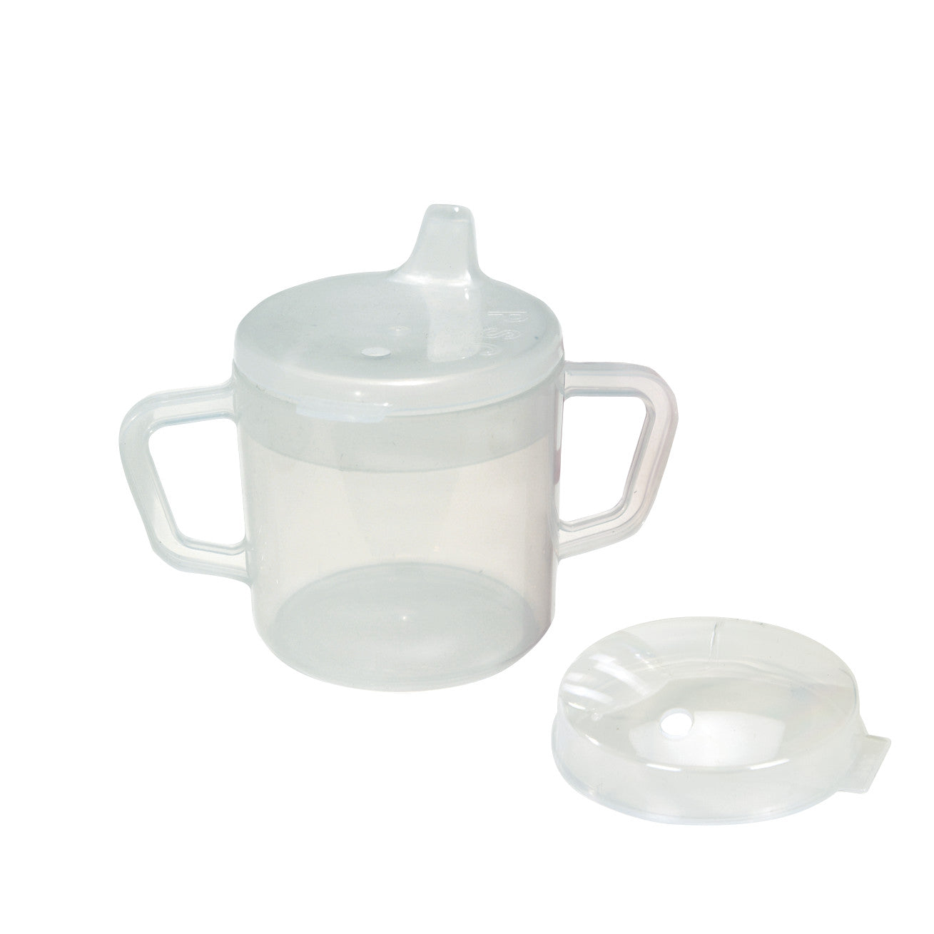 Clear Two-Handled Adaptive Mug with Lid featuring dual handles and two lid options, designed for easy and spill-free drinking.
