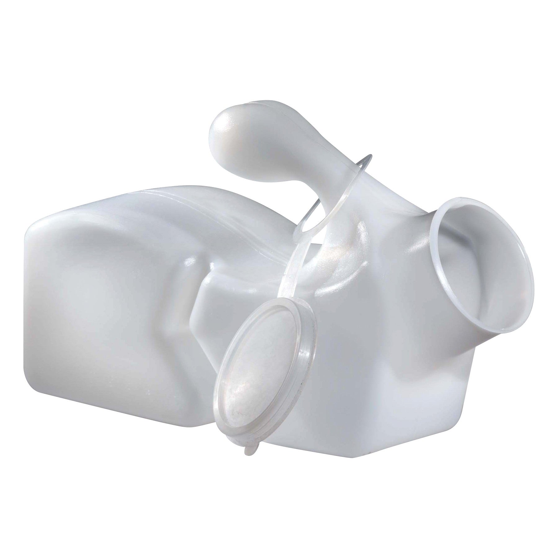 Anti-Splash Baffle Urinal for Males is a translucent plastic urinal with a handle and lid, designed to prevent splashing.