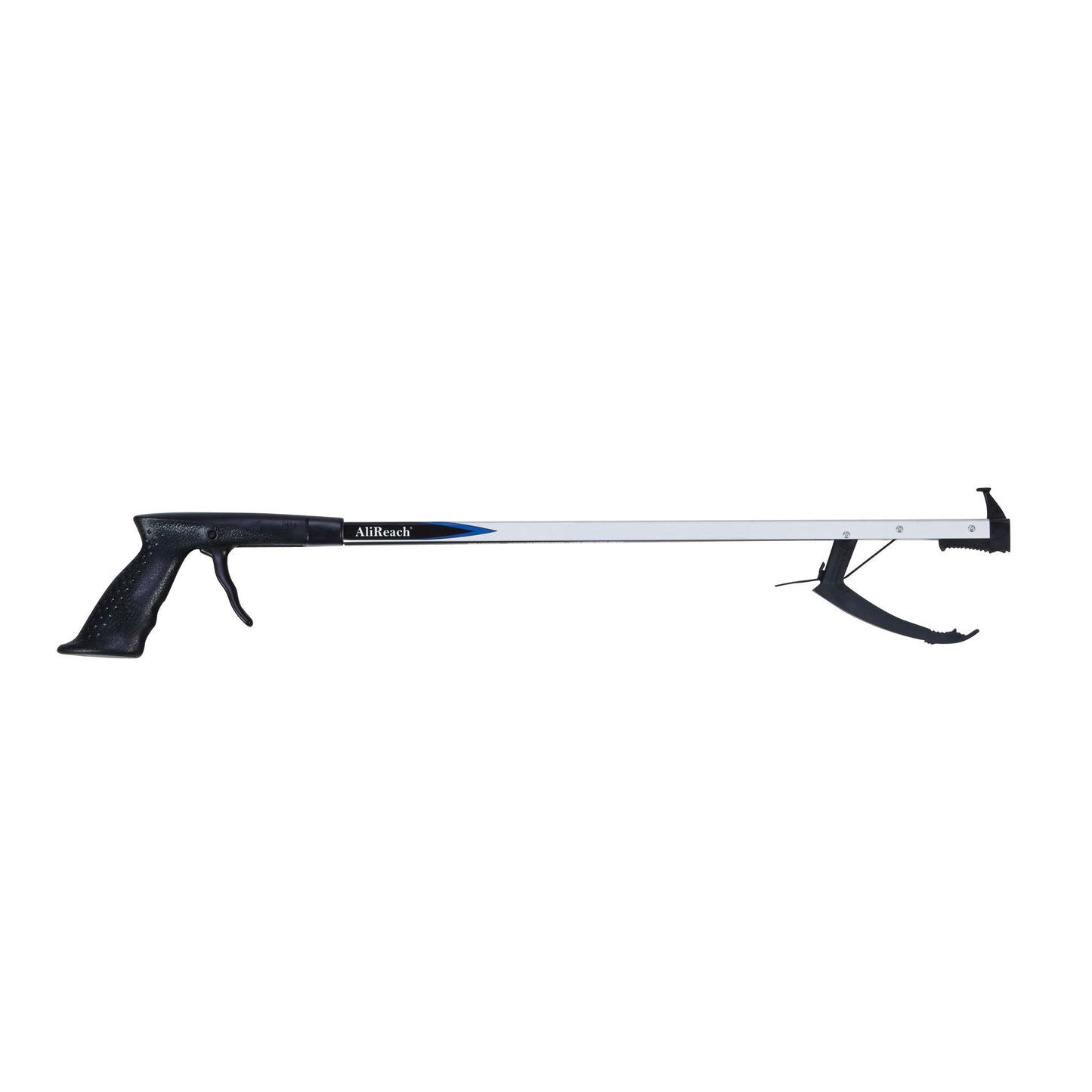 The AliMed AliReach Standard Reacher with a black handle and trigger features a long metal rod and black pinchers at the end.