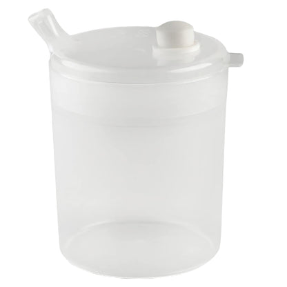 A translucent plastic mug with a spout and lid, known as the Independence Flo Cup, designed for easy drinking.