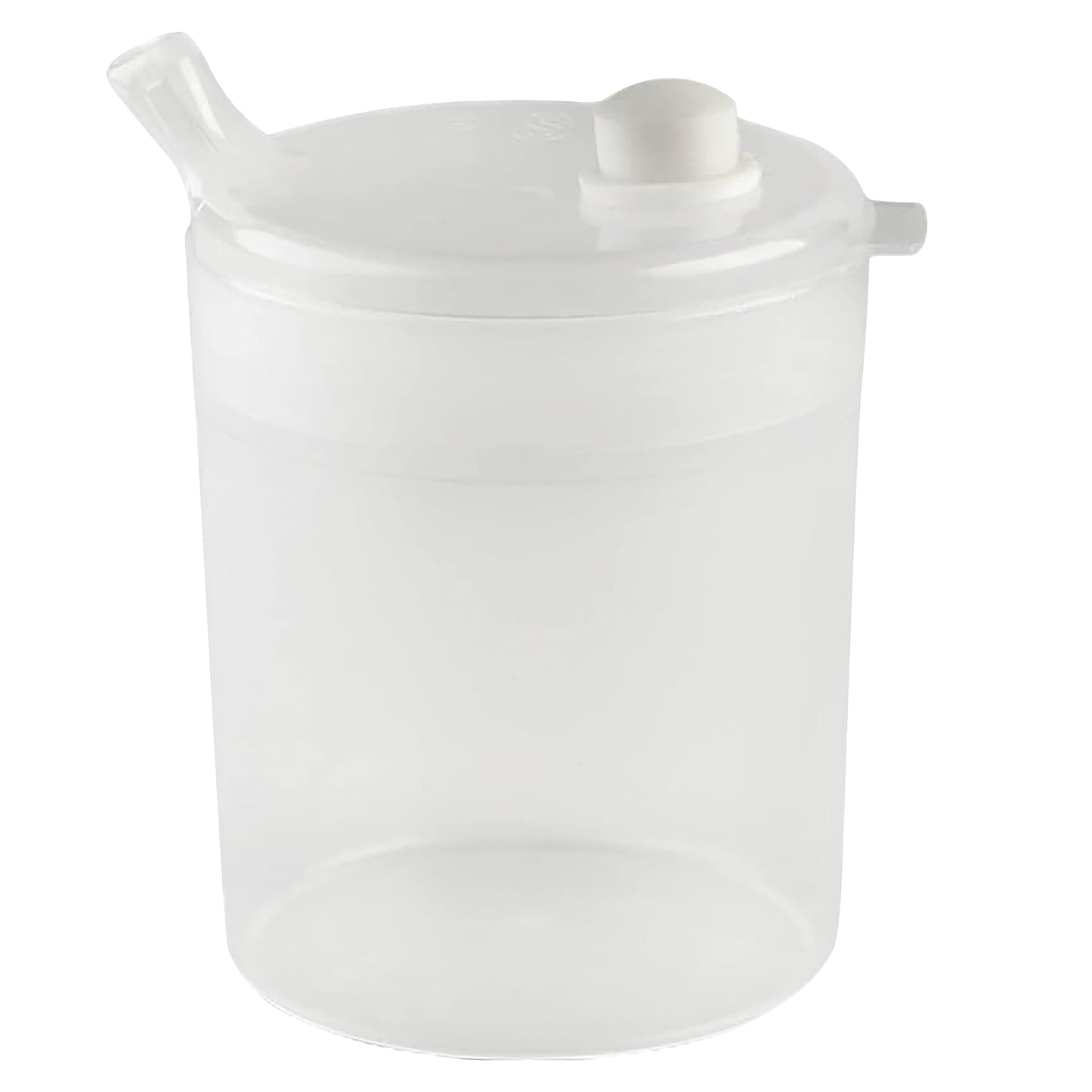 The image displays an Independence Flo Cup, a translucent plastic container with a lid and spout, designed for easy drinking.