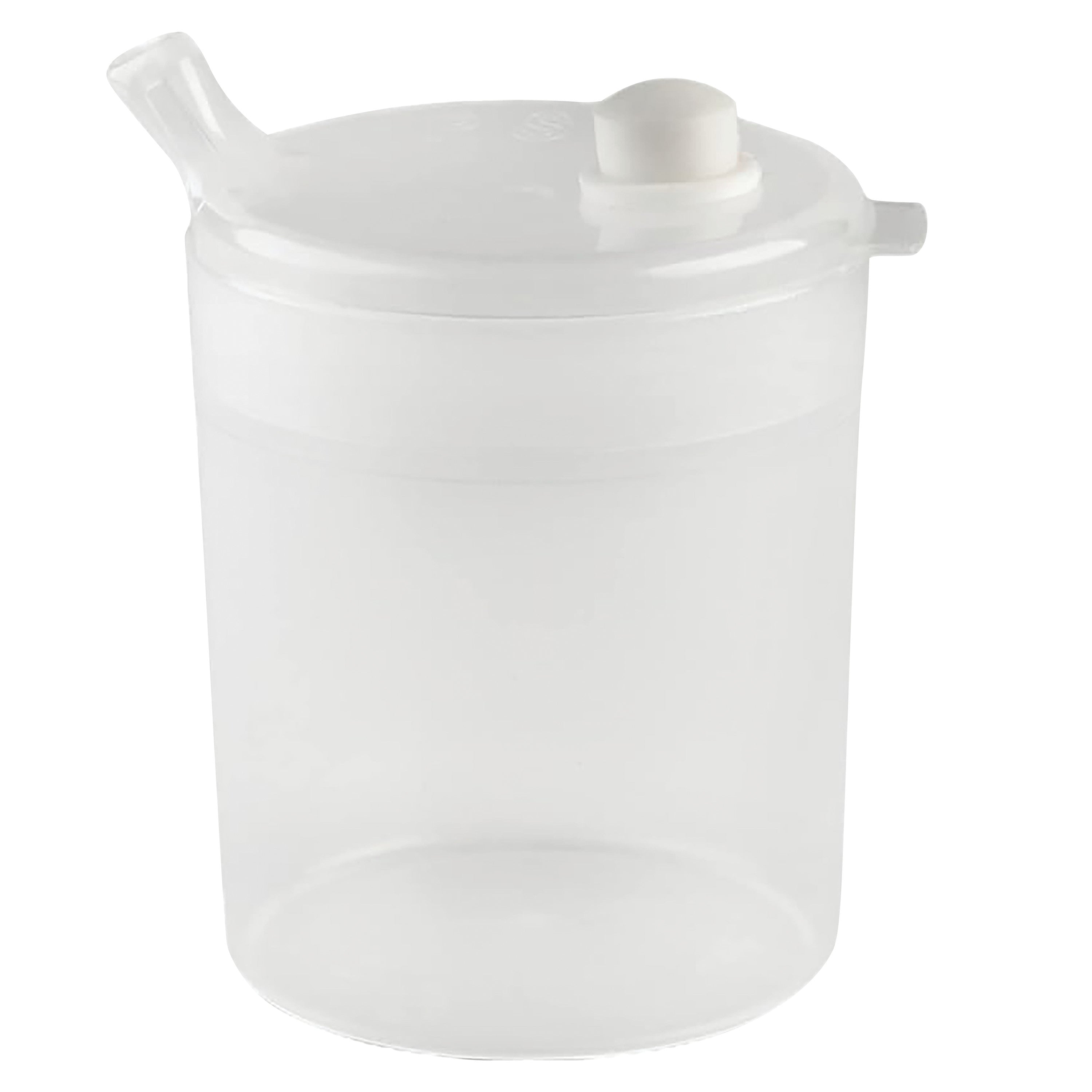 The Independence Flo Cup is a translucent white plastic drinking cup with a lid and attached spout, designed for easy drinking.