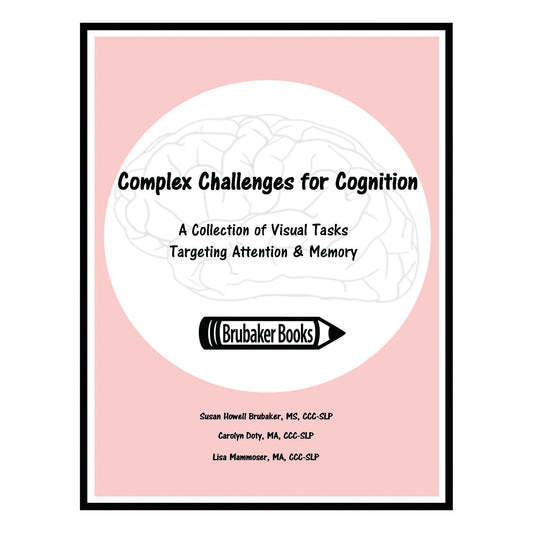 Cover of "Complex Challenges for Cognition" by Brubaker Books, featuring a brain outline on a pink background.