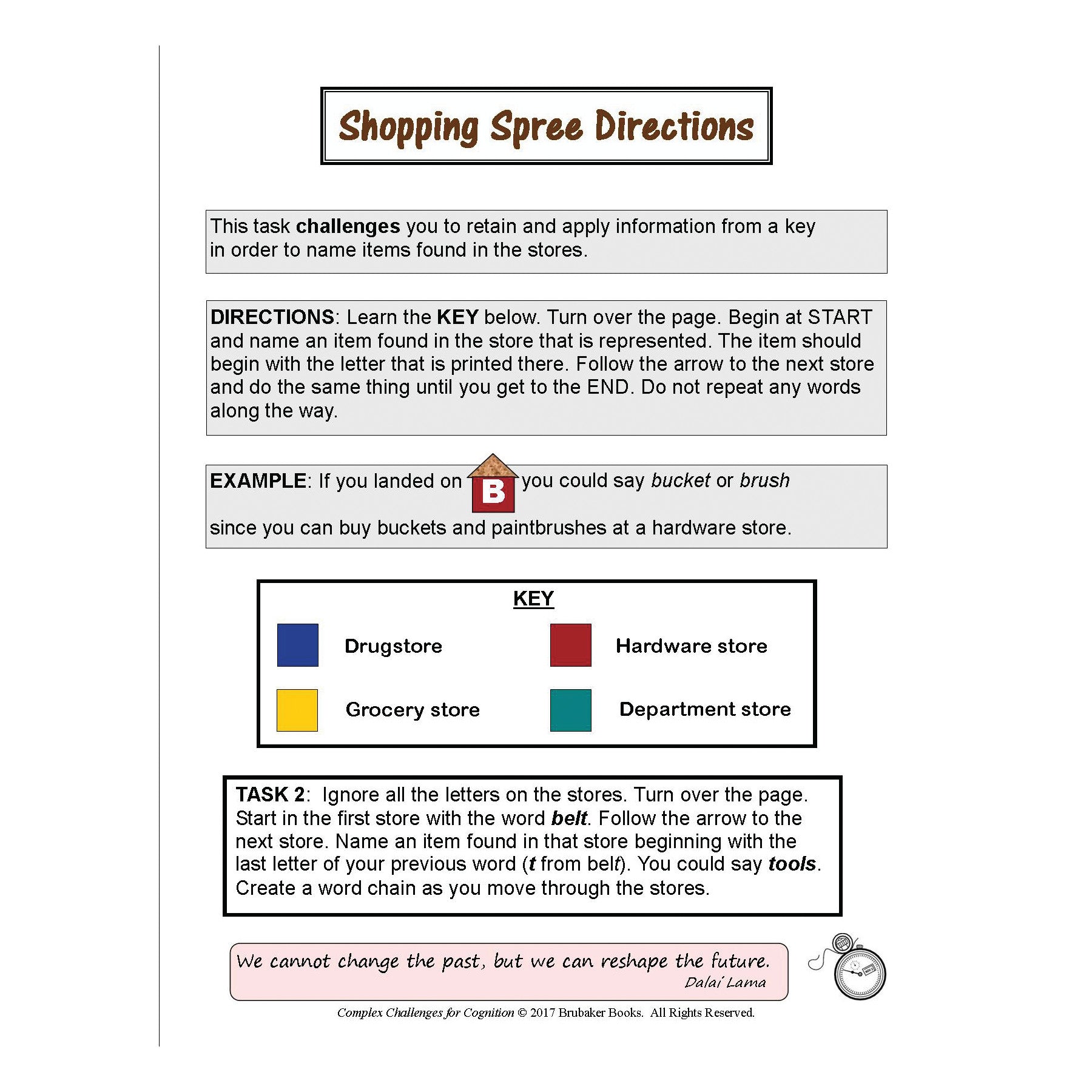 Shopping Spree Directions from Complex Challenges for Cognition includes tasks using a store key for a word game and a motivational quote.