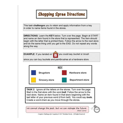Shopping Spree Directions from Complex Challenges for Cognition includes tasks using a store key for a word game and a motivational quote.