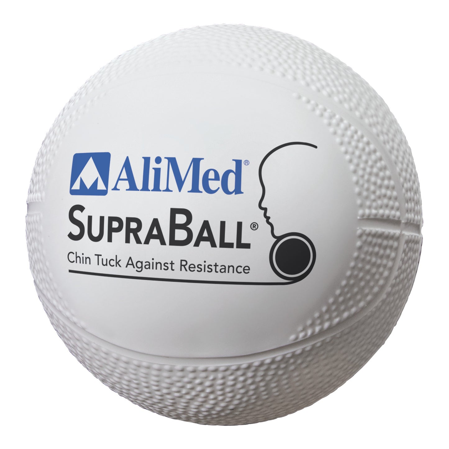 AliMed SupraBall Chin Tuck Against Resistance is a textured white ball with logo and silhouette design.