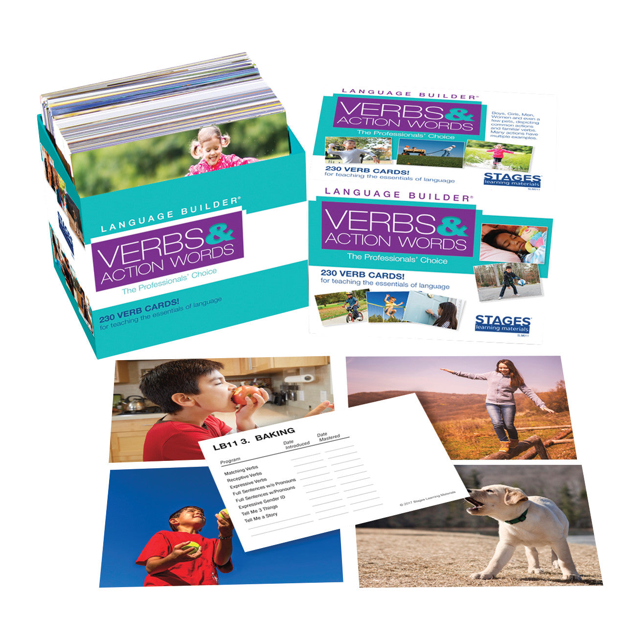 Language Builder Verbs & Action Words Cards display verb and action word flashcards featuring children and pets in various activities.
