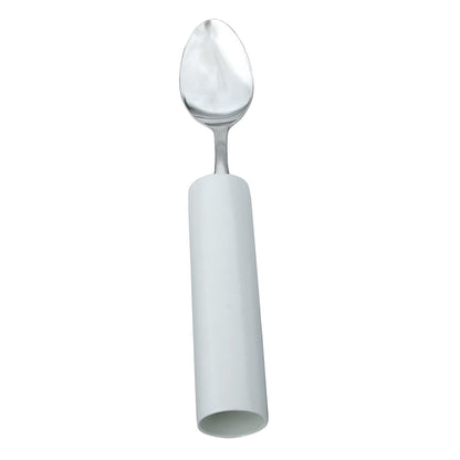 The Therafin Tube Handle Teaspoon features a broad, cylindrical white handle designed for easy gripping, with a metal spoon head.
