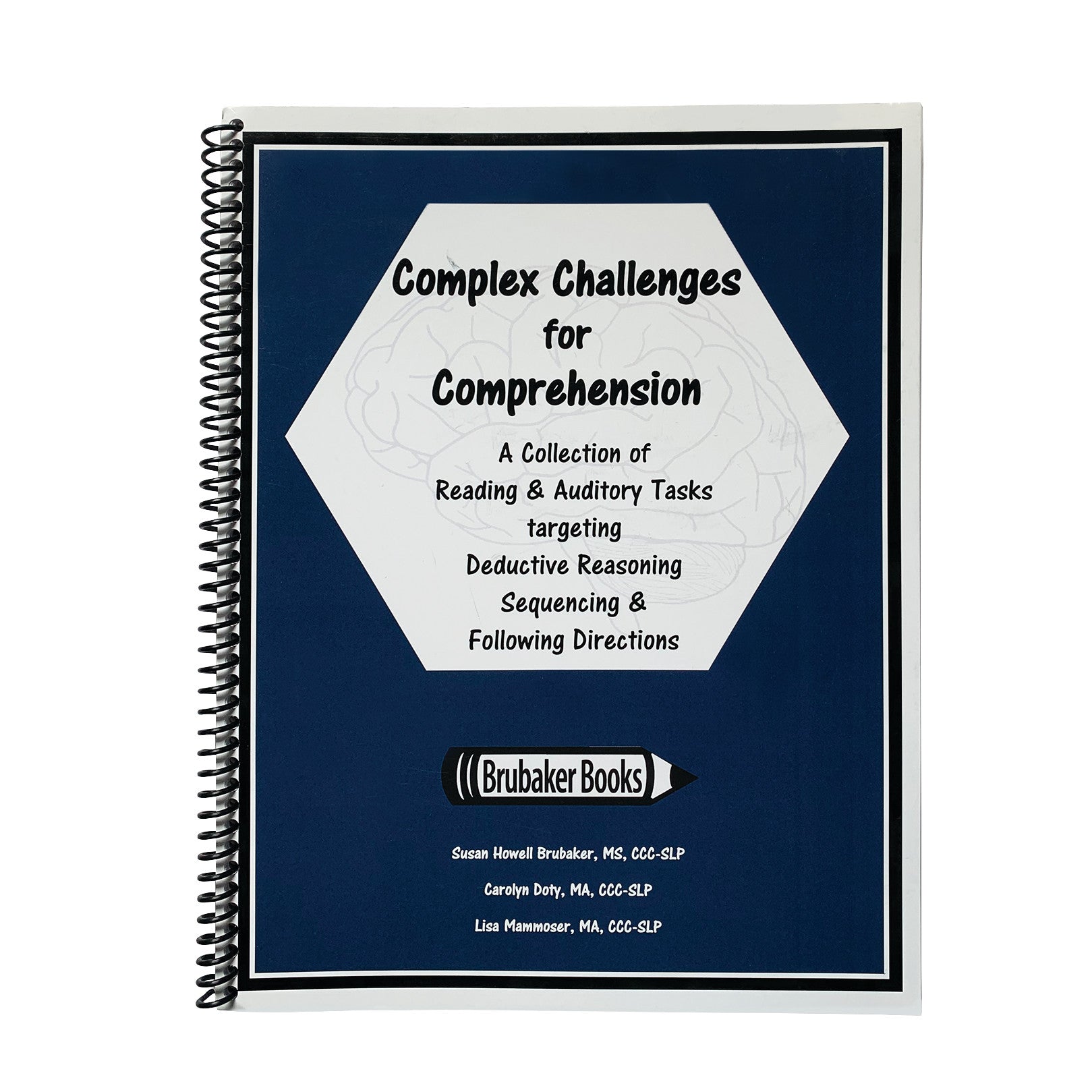 Spiral-bound workbook titled "Complex Challenges for Comprehension," features tasks for reasoning, sequencing, and following directions.