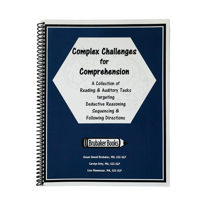 Spiral-bound workbook titled "Complex Challenges for Comprehension," features tasks for reasoning, sequencing, and following directions.