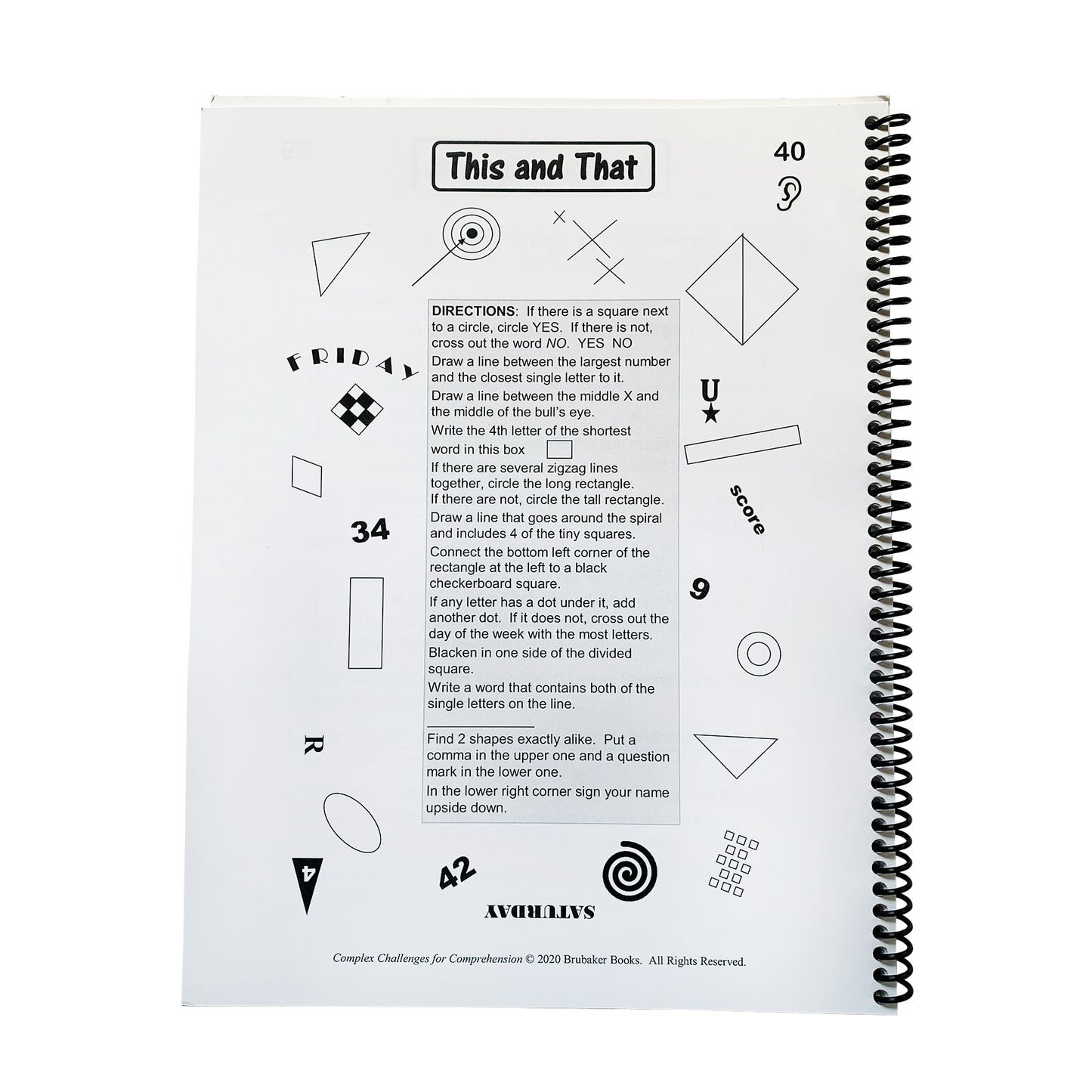 A page from Complex Challenges for Comprehension features multiple-choice instructions, words, numbers, and various geometric shapes.