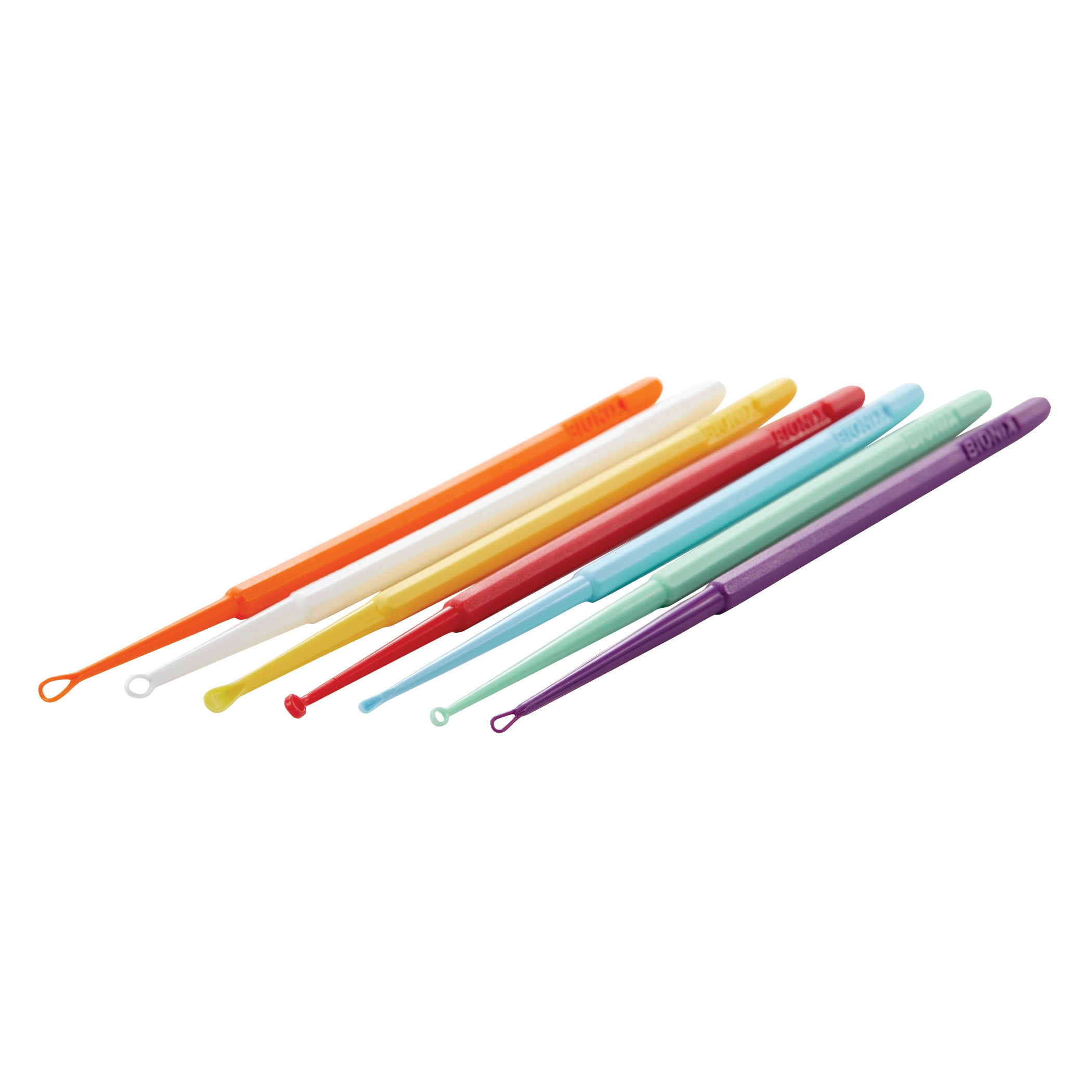 Bionix Safe Ear Curette Variety Pack features eight colorful, plastic ear curettes with different tip shapes and sizes for ear cleaning.