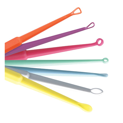 Colorful ear curettes from the Bionix Safe Ear Curette Variety Pack, shown with various looped tips.