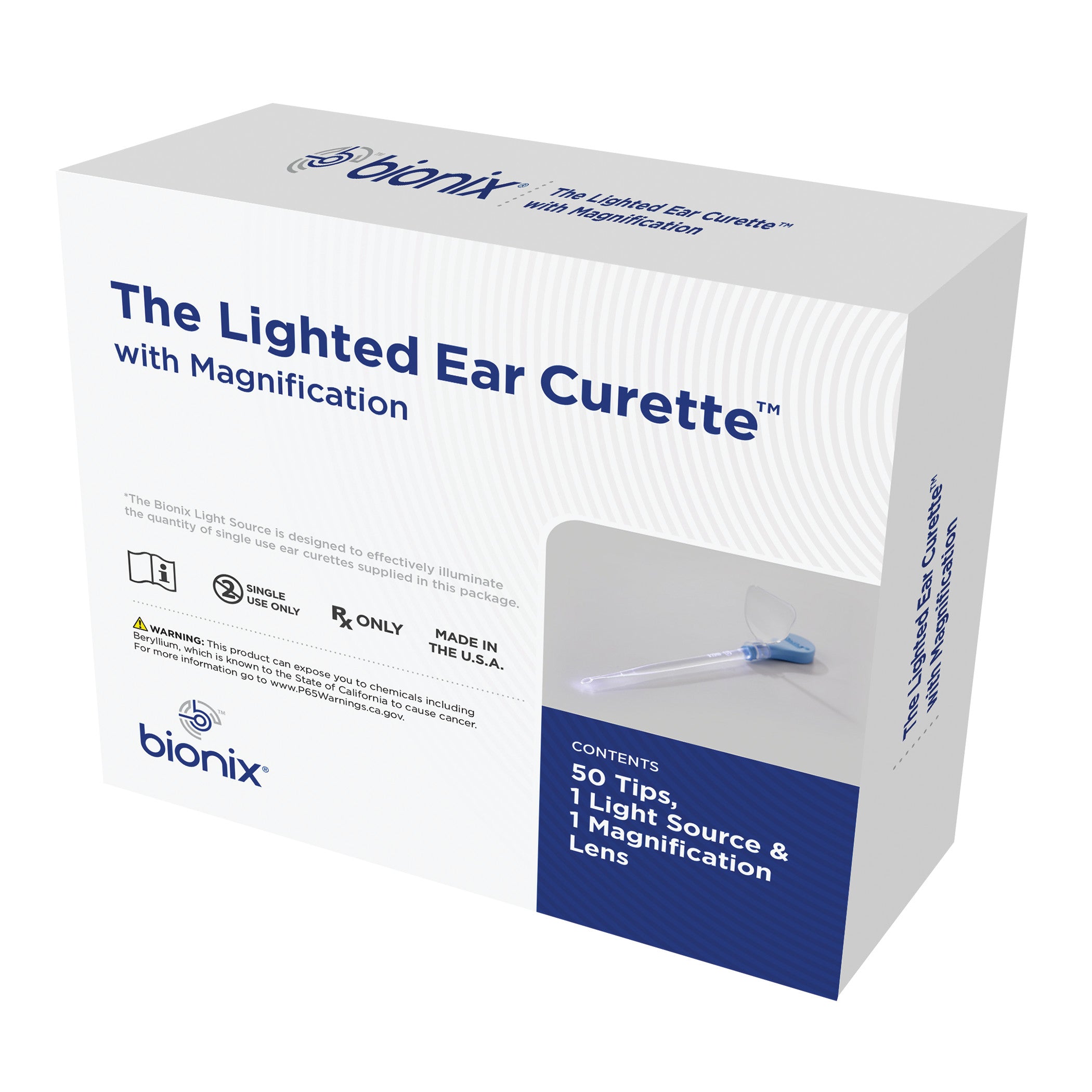 Box for Bionix Lighted Ear Curette Variety Pack, featuring 50 tips, 1 light source, and 1 magnification lens, Made in the USA.