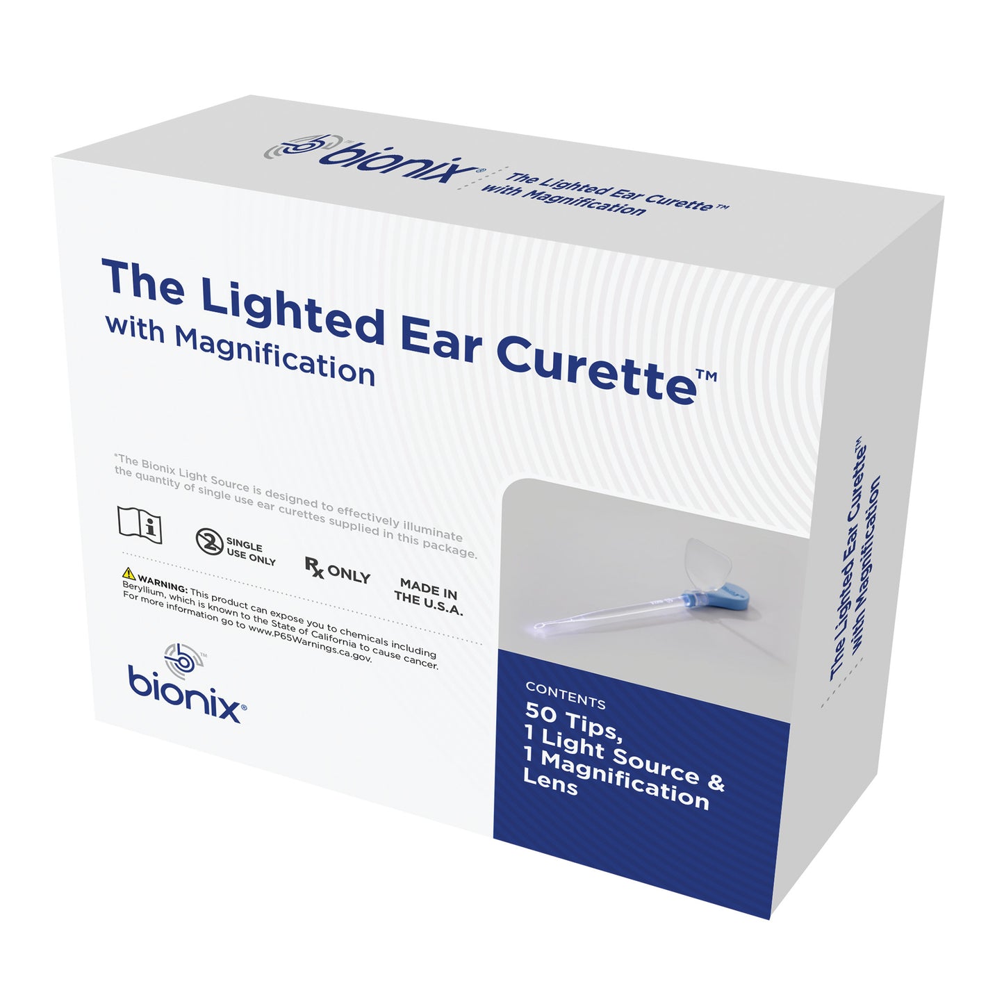 Box for Bionix Lighted Ear Curette Variety Pack, featuring 50 tips, 1 light source, and 1 magnification lens, Made in the USA.