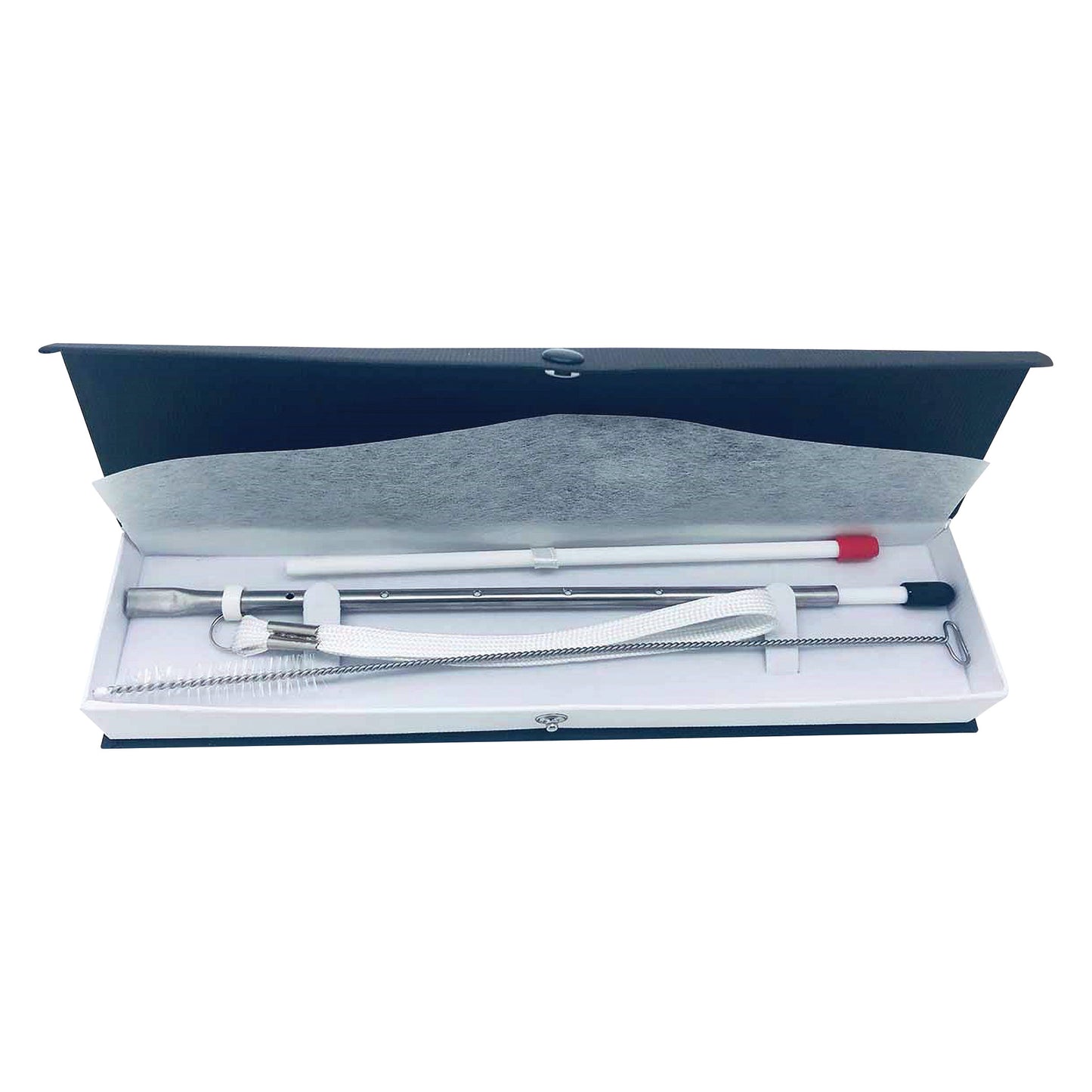 TheraSIP VocalSTRAW kit with a metal straw, cleaning brush, and accessories in a lined case with foam padding and snap closure.