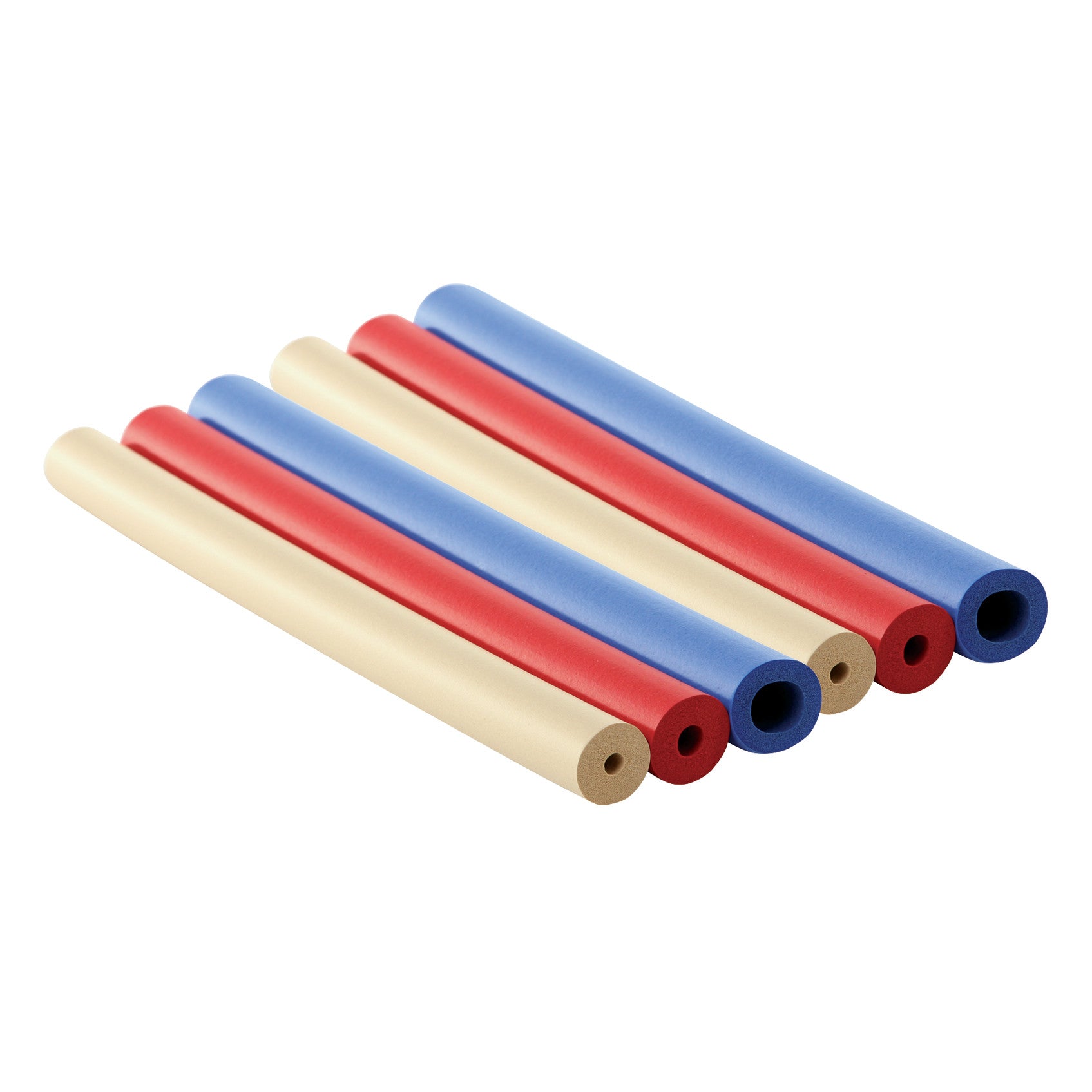 Color-Coded Handle Foam Set with six foam grips in blue, red, and beige, designed for improved comfort and grip.